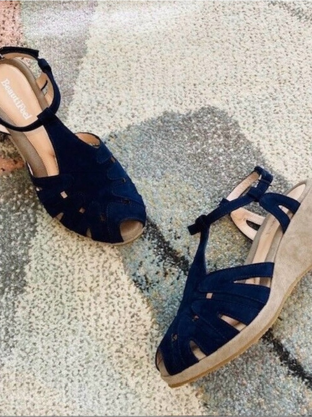 BeautiFeel $280 EU 37 US 6-6.5 Candy Blue Suede Ankle T-Strap Wedge Sandals